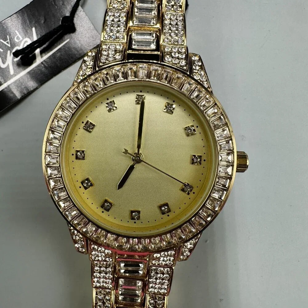 Techno Pave Watch Men Gold Tone Bling Iced Out Crystal Accents New Battery 9
